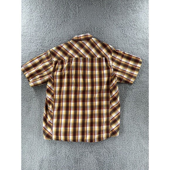 Prana Shirt Men’s Large Short Sleeve Collar Brown Yellow Pearl Snap Button Front - Picture 6 of 6